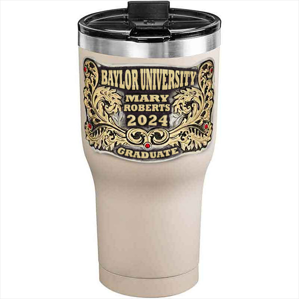 A customized tumbler made of stainless steel with a personalized engraved name and Baylor University lettering, 30 oz, ideal for coffee or cool drinks